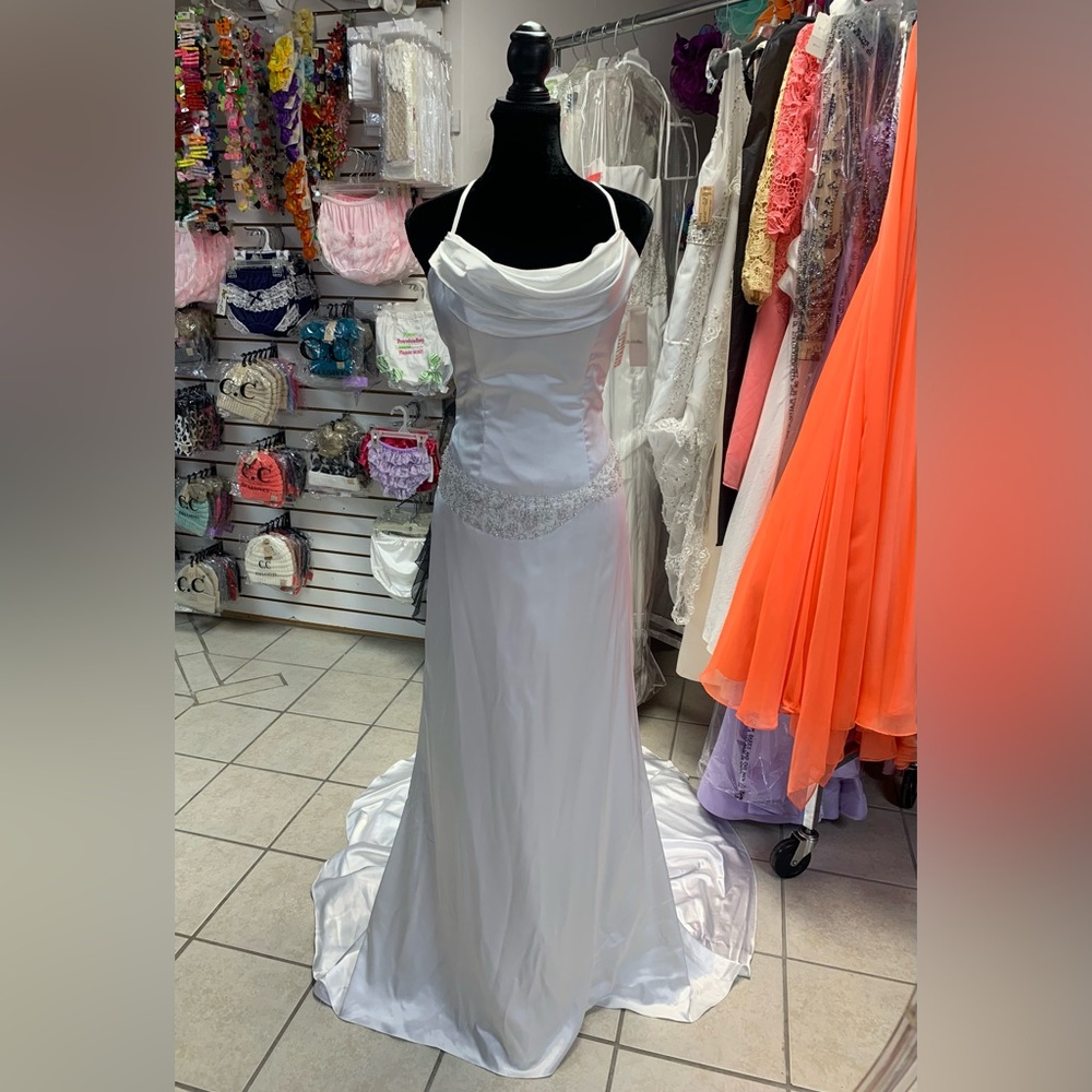 Size 12 White Open Back Drop Waist Cowl Draped Neck Wedding Gown W/ Train NWT